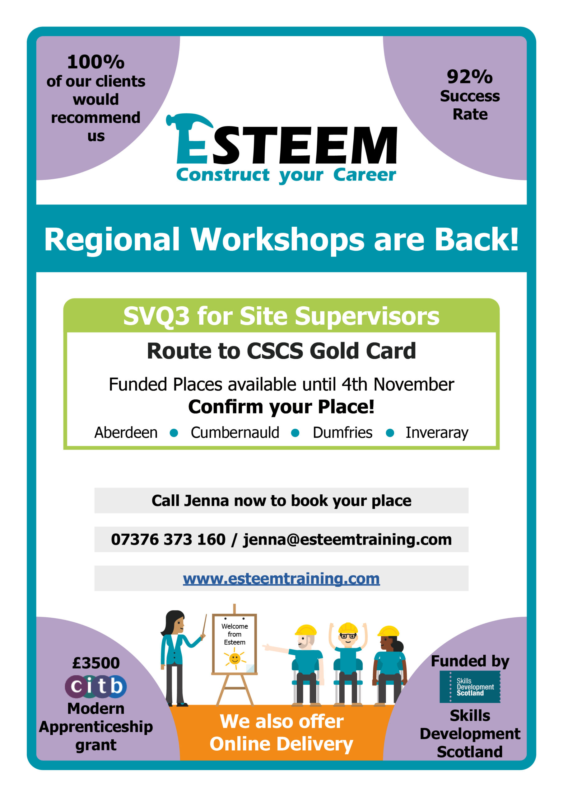Funded places available on our regional SVQ3 workshops for Site Supervisors